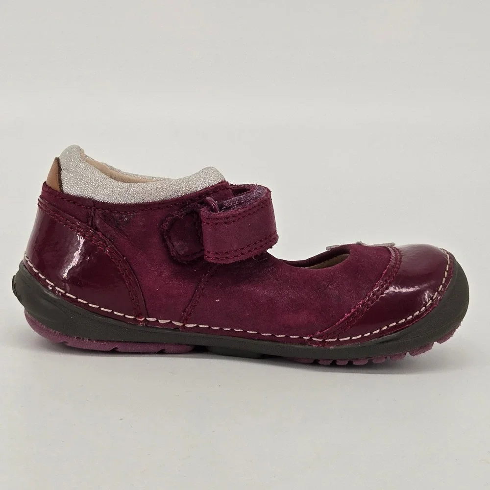 Clarks First Shoes Tiny Mist Plum Burgundy Leather Mary Jane Stars Shoes Sz 6W